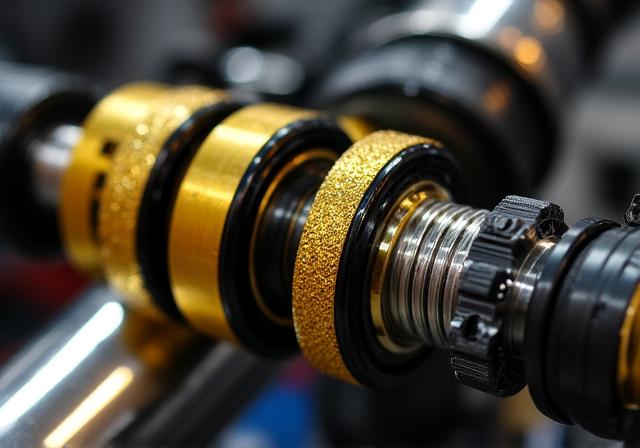 Professional grade coilover suspension kit featuring adjustable gold and black components