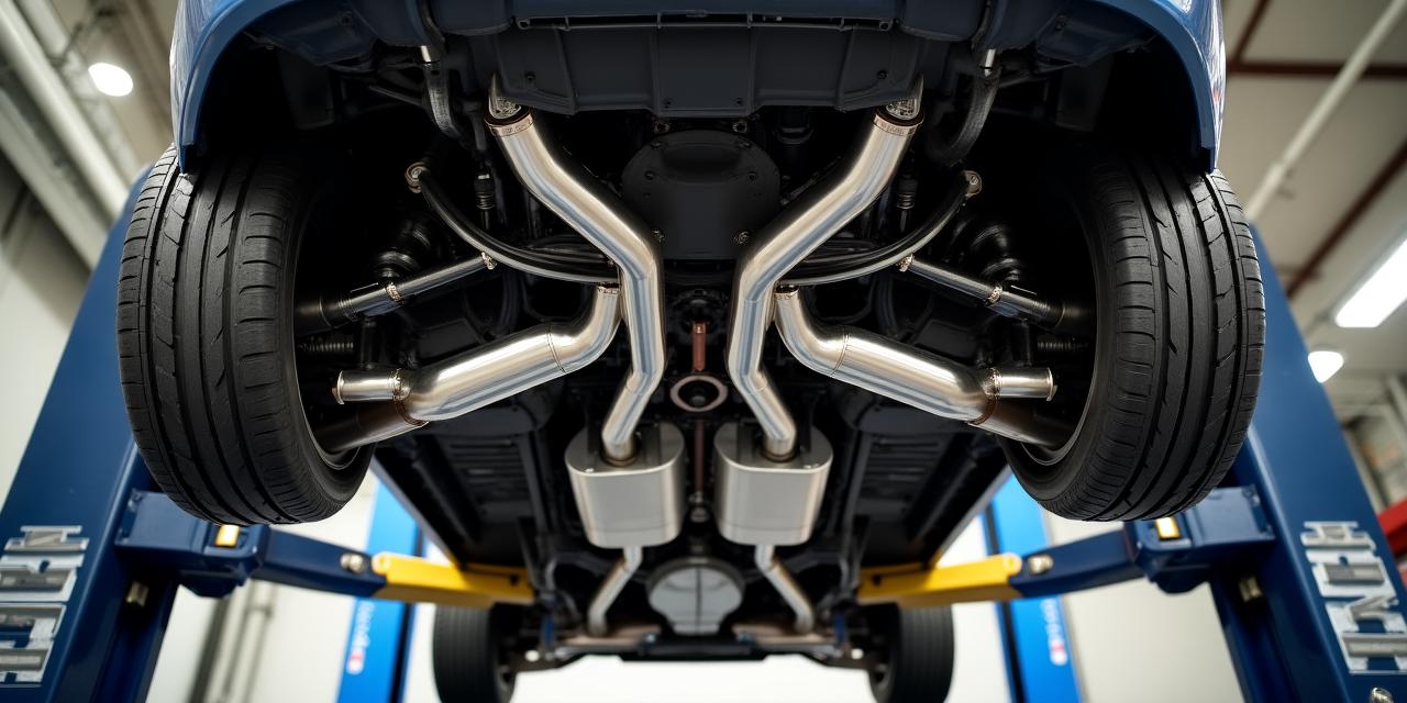 Under-car view of a full custom performance exhaust system