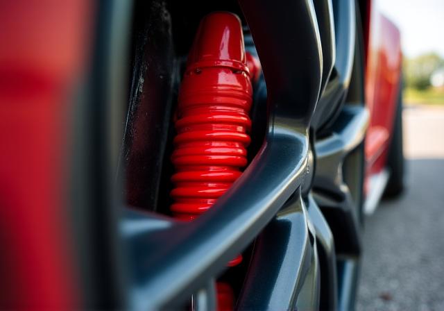 Close up of a red performance lowering spring installed on a vehicle