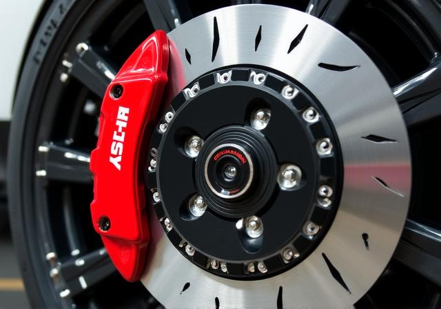 Red performance brake calipers and slotted rotors