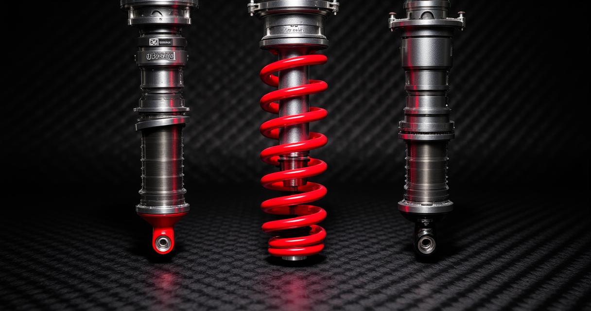 Side by side comparison of a high-performance coilover unit and a red lowering spring