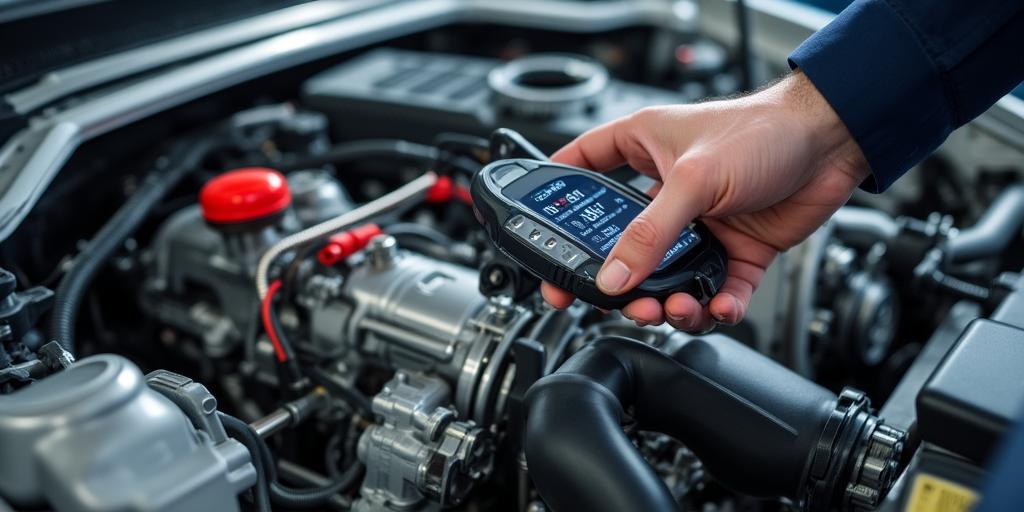 Technician using advanced diagnostic equipment on a performance car engine